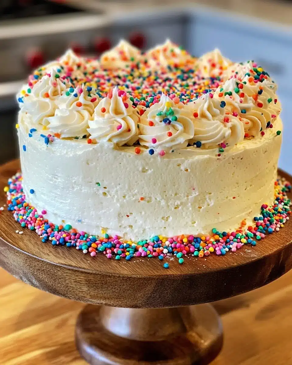 Colorful confetti birthday cake (funfetti) topped with sprinkles.
