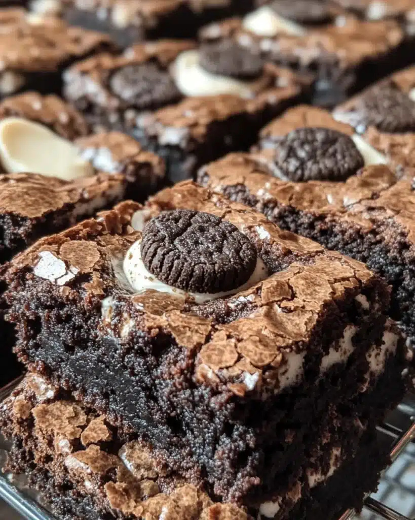 Delicious Cookies & Cream Brownies topped with crushed cookies