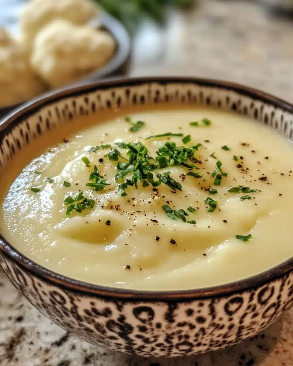 Creamy Cauliflower Potato Soup 4 Bowl of creamy cauliflower potato soup garnished with fresh herbs