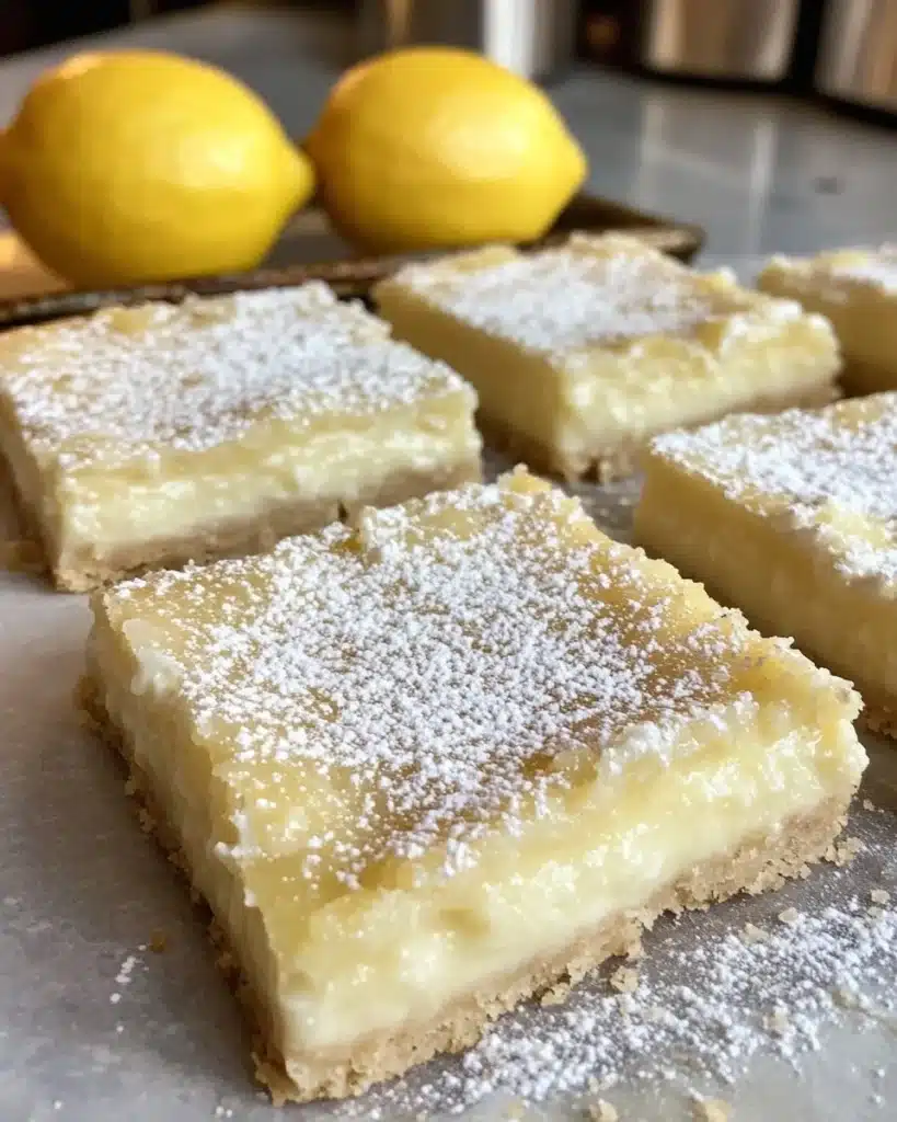 Delicious Greek Yogurt Lemon Bars topped with lemon zest and powdered sugar.