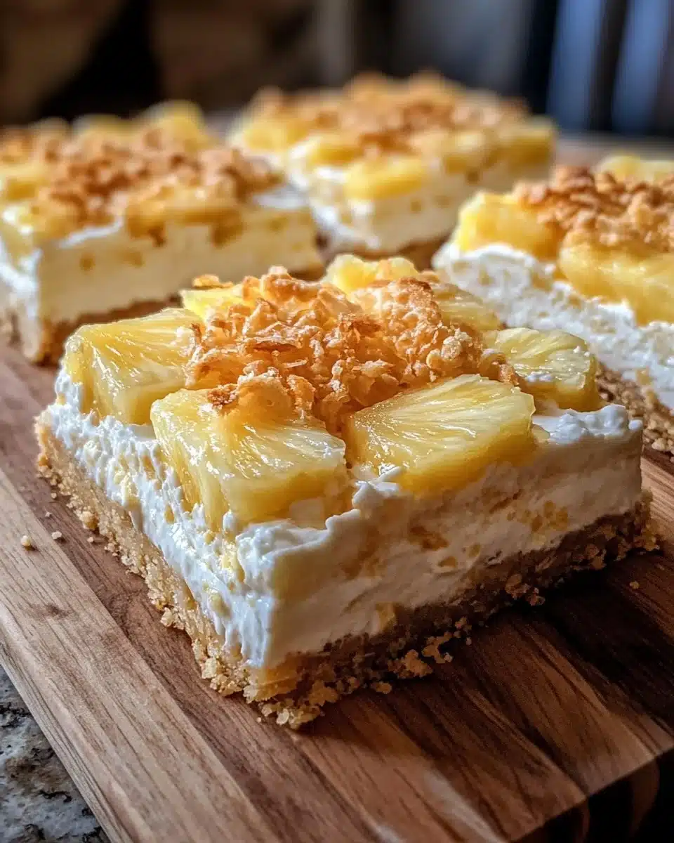 Greek yogurt pineapple bars on a white plate with fresh pineapple slices