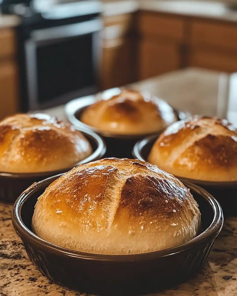 Homemade Bread Bowls 4 Homemade bread bowls filled with soup and topped with herbs