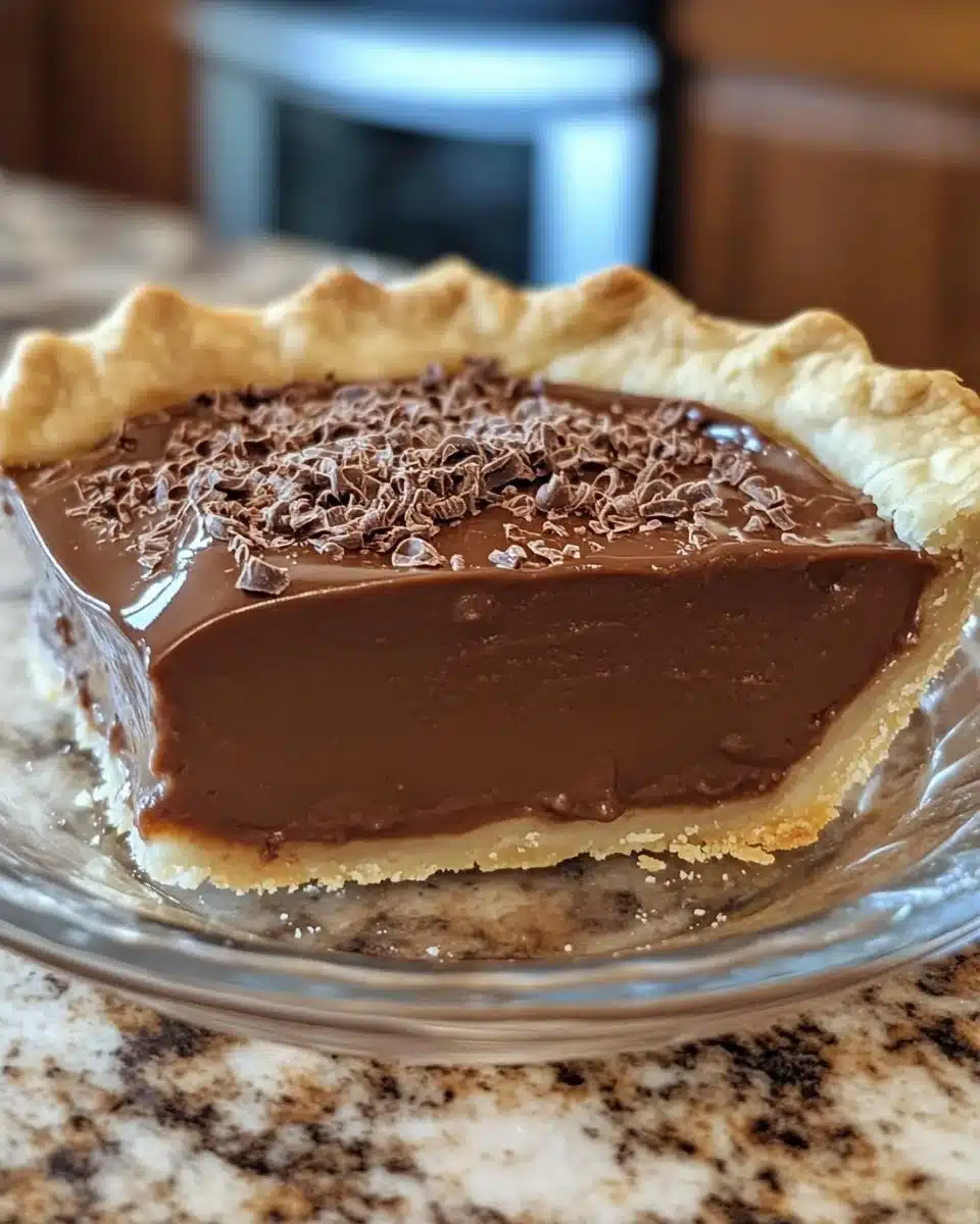 Delicious homemade chocolate pudding pie topped with whipped cream and chocolate shavings.