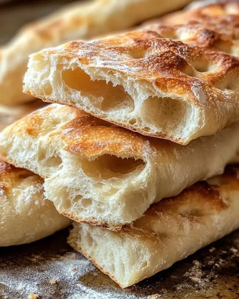Loaf of homemade ciabatta bread with a crusty exterior and soft inside