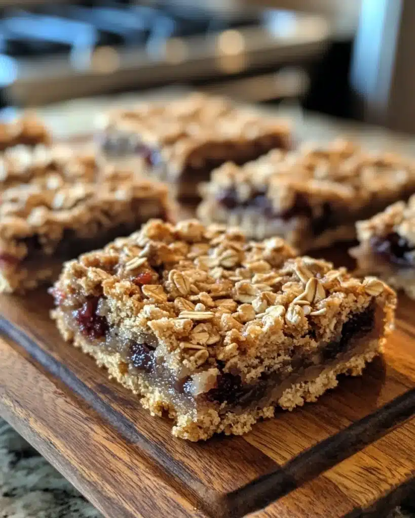 Homemade oatmeal fig bars on a wooden plate