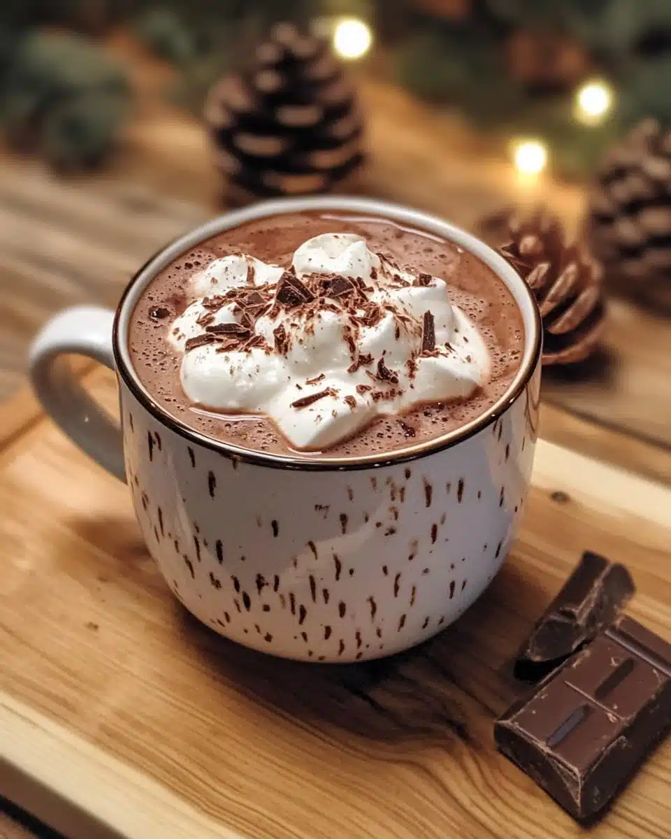 Bowl of homemade slow cooker hot chocolate topped with whipped cream and chocolate shavings.