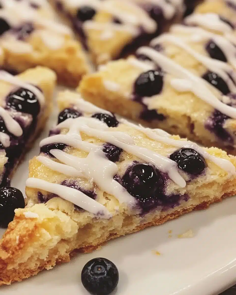 Freshly baked lemon blueberry scones on a wooden table