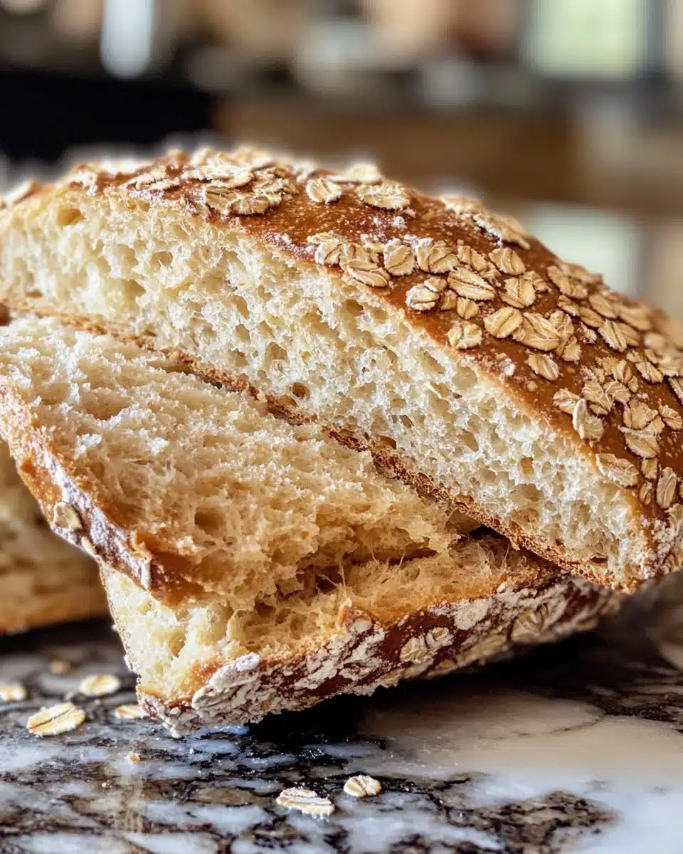 No-Knead Honey Oat Bread 4 Freshly baked no-knead honey oat bread loaf with a golden crust.