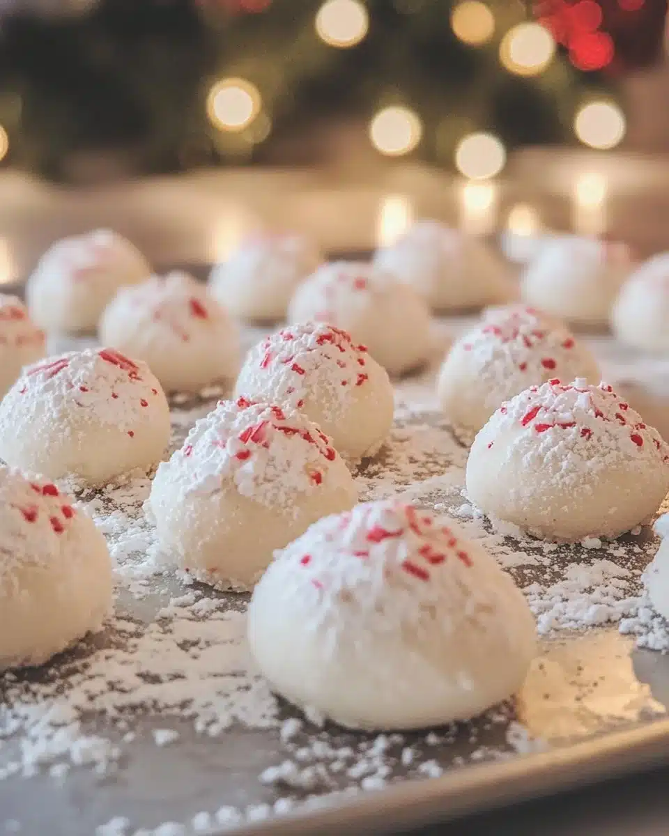 Peppermint Snowball Cookies 4 Freshly baked Peppermint Snowball Cookies dusted with powdered sugar.