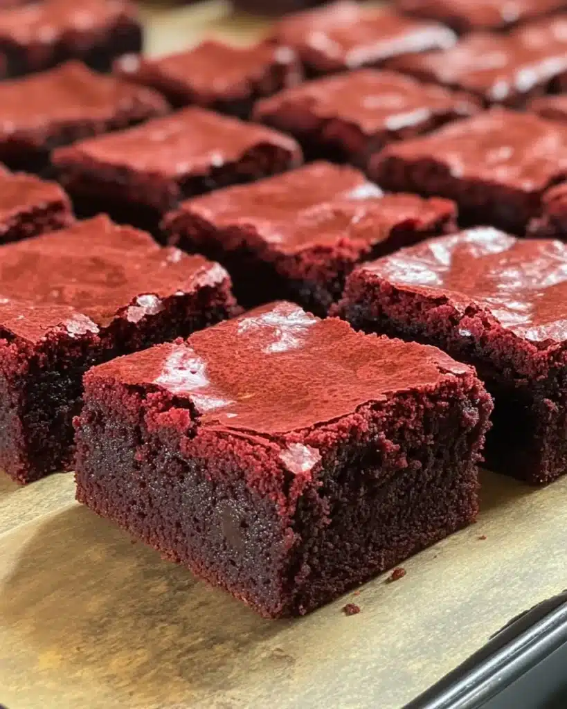 Delicious Red Velvet Brownies topped with cream cheese frosting