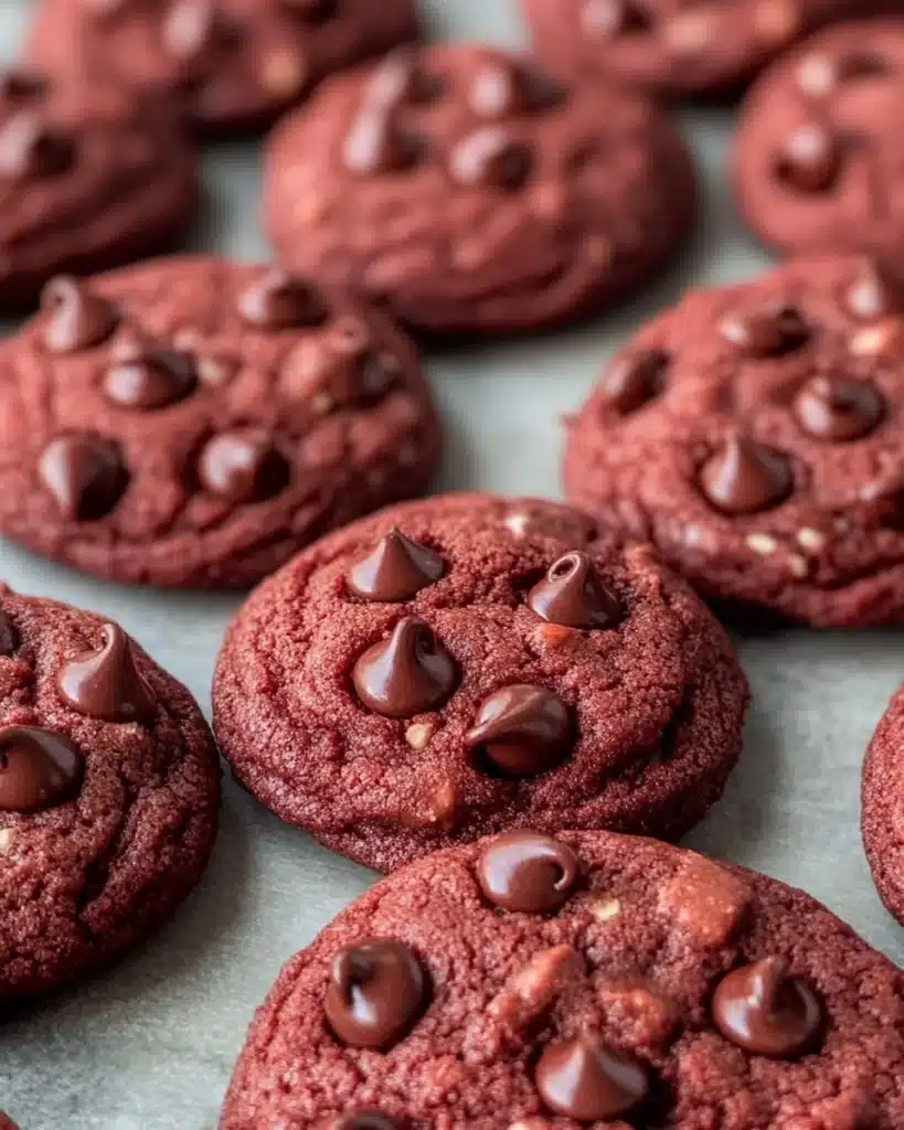 Tray of freshly baked Red Velvet Chocolate Chip Cookies with chocolate chips.