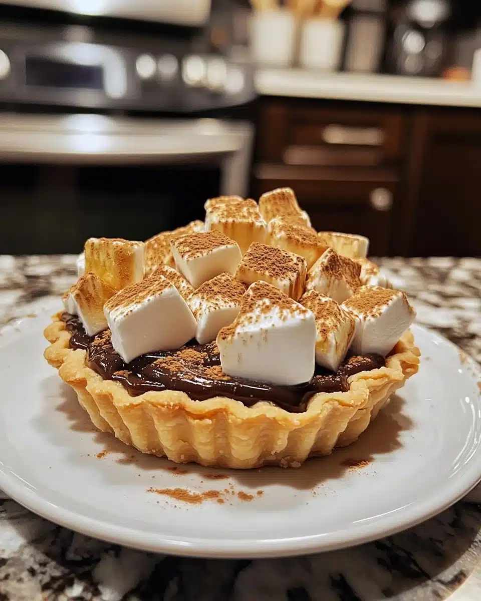 S'mores Tartlets 4 Delicious S'mores Tartlets with chocolate and marshmallows on a graham cracker crust