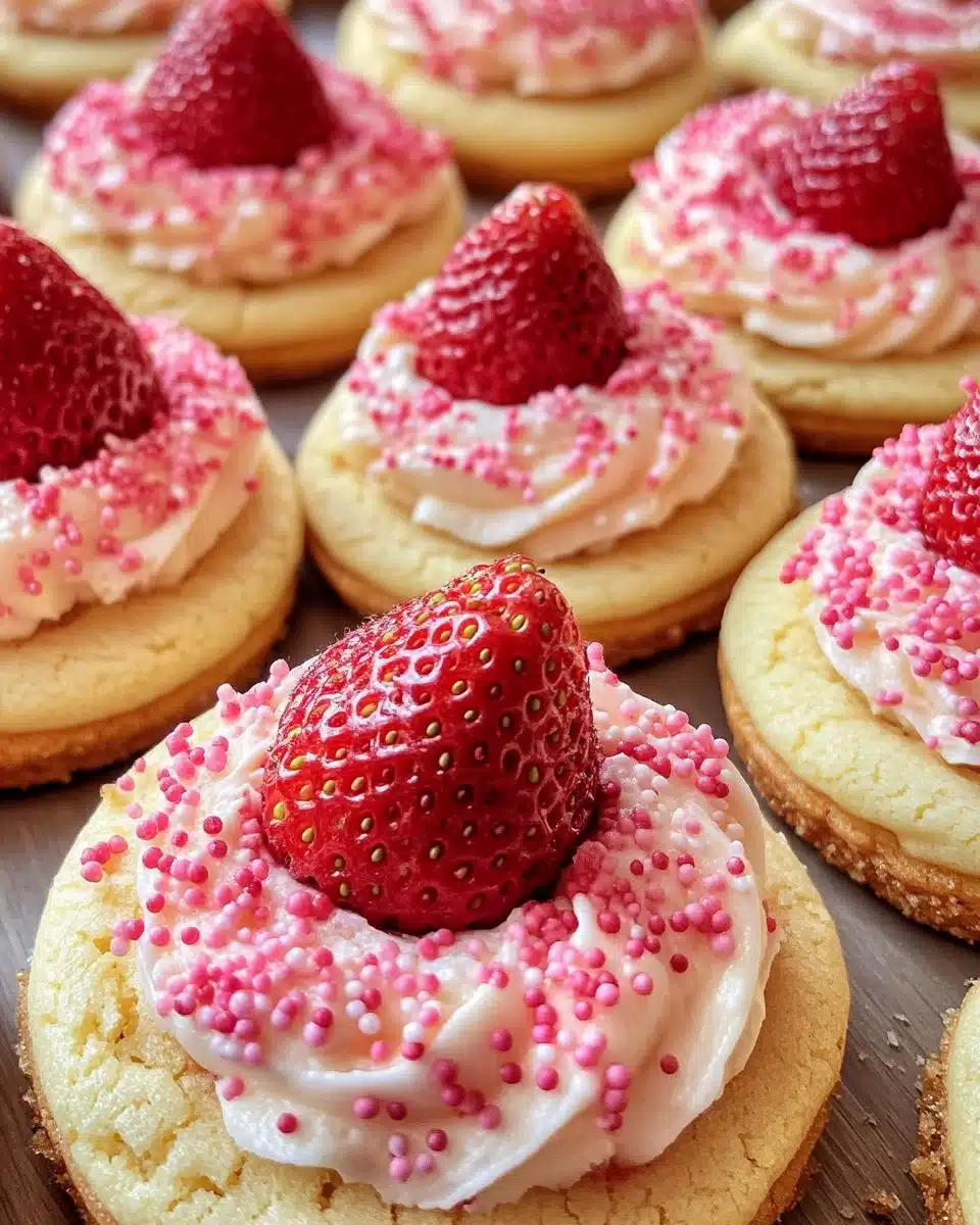 Strawberry Cheesecake Cookies 4 Delicious strawberry cheesecake cookies topped with fresh strawberries and cream cheese frosting.