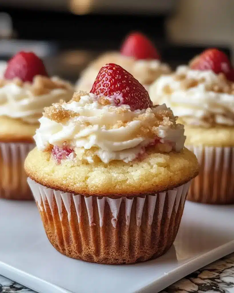 Delicious strawberry cheesecake muffins with fresh strawberries and creamy topping