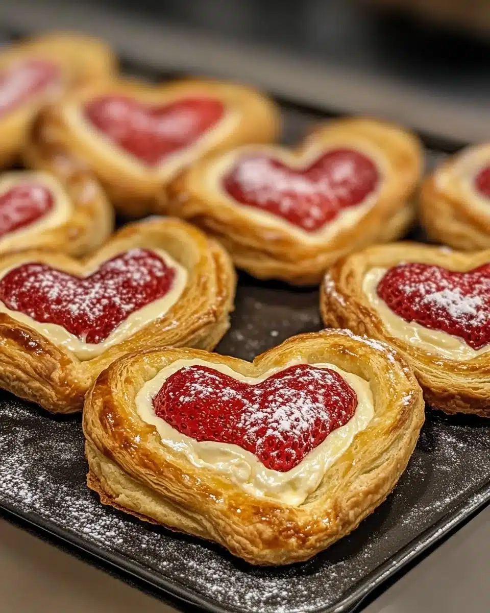 Strawberry Cream Cheese Heart Danishes 4 Heart-shaped Strawberry Cream Cheese Danishes fresh out of the oven