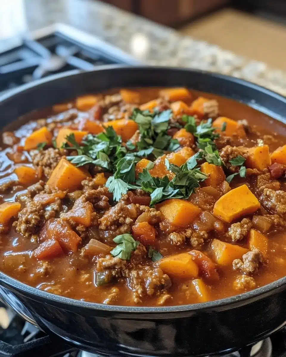 Delicious Turkey Sweet Potato Chili in a bowl with herbs on top
