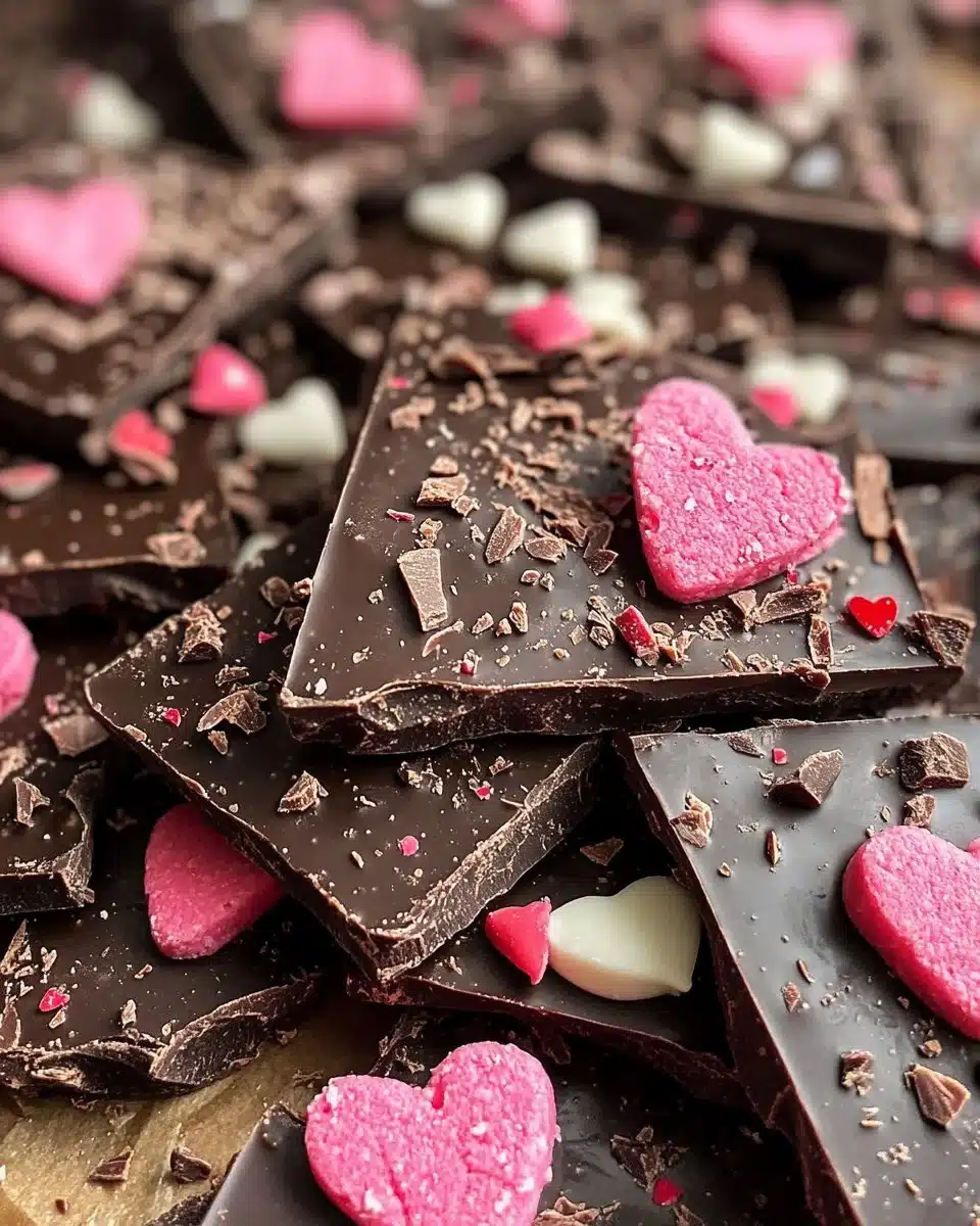 Valentine’s Chocolate Bark 4 Valentine's Chocolate Bark decorated with colorful sprinkles and heart-shaped candies