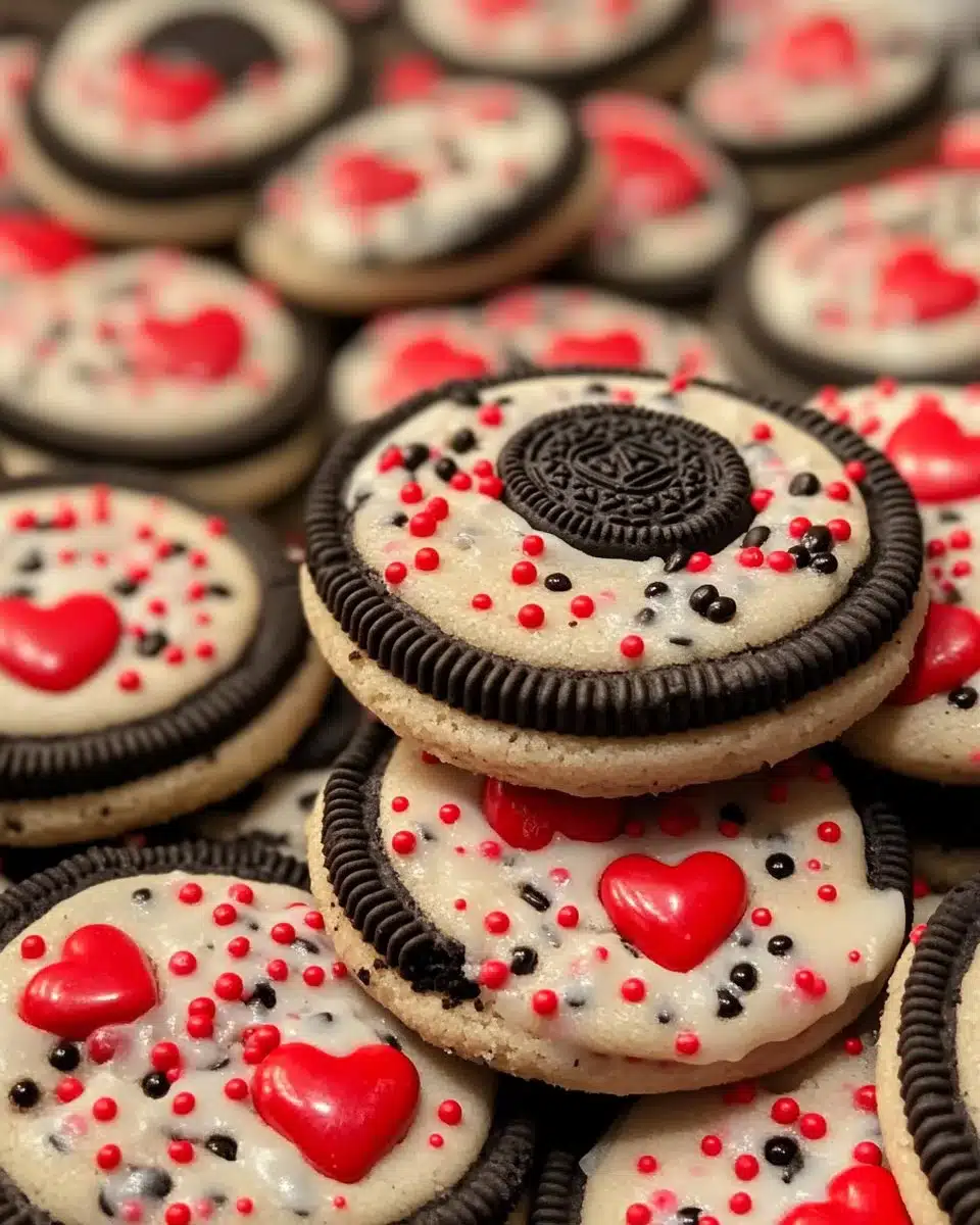 Valentine's Day Oreo M&M's Cookies on a decorative plate