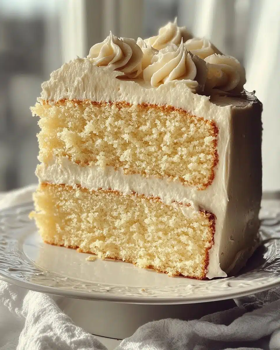 Vanilla Sheet Cake with Whipped Buttercream Frosting 4 Vanilla Sheet Cake with Whipped Buttercream Frosting on a decorative plate