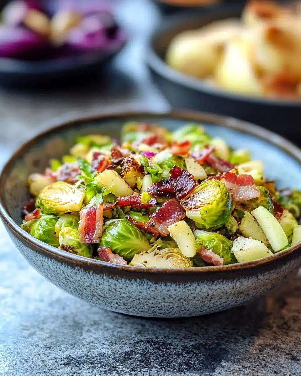 Warm Brussels sprouts salad with bacon and apple, a healthy dish