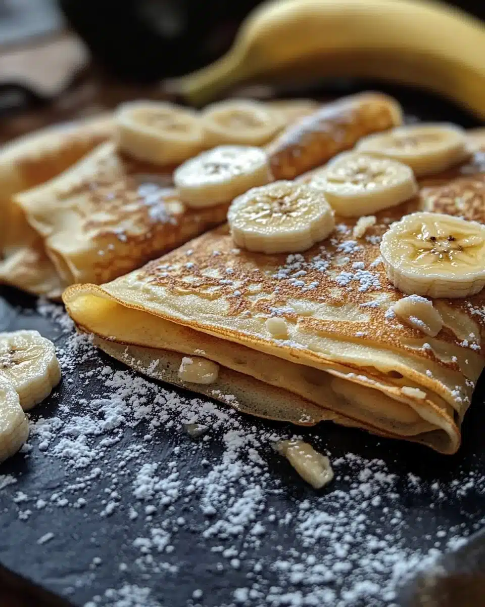Delicious banana crepes served with fresh fruit and syrup on a plate