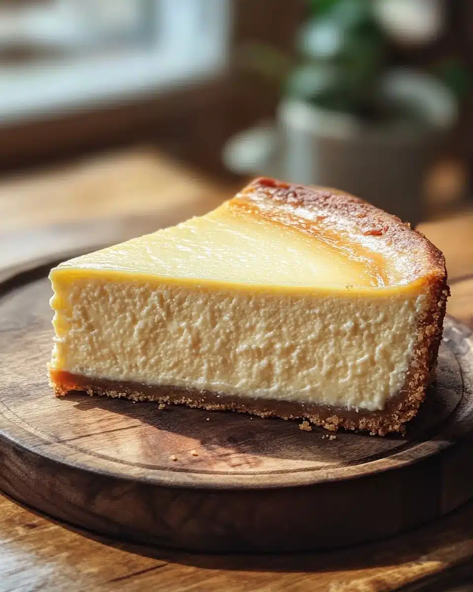 Delicious slice of New York cheesecake topped with fresh strawberries