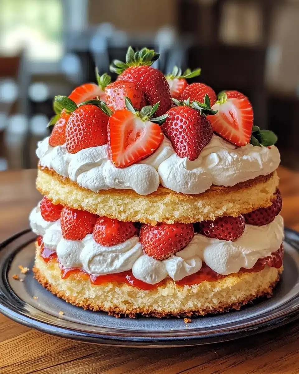 Delicious strawberry shortcake cake topped with fresh strawberries and whipped cream