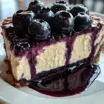 Delicious blueberry cheesecake dessert topped with fresh blueberries.
