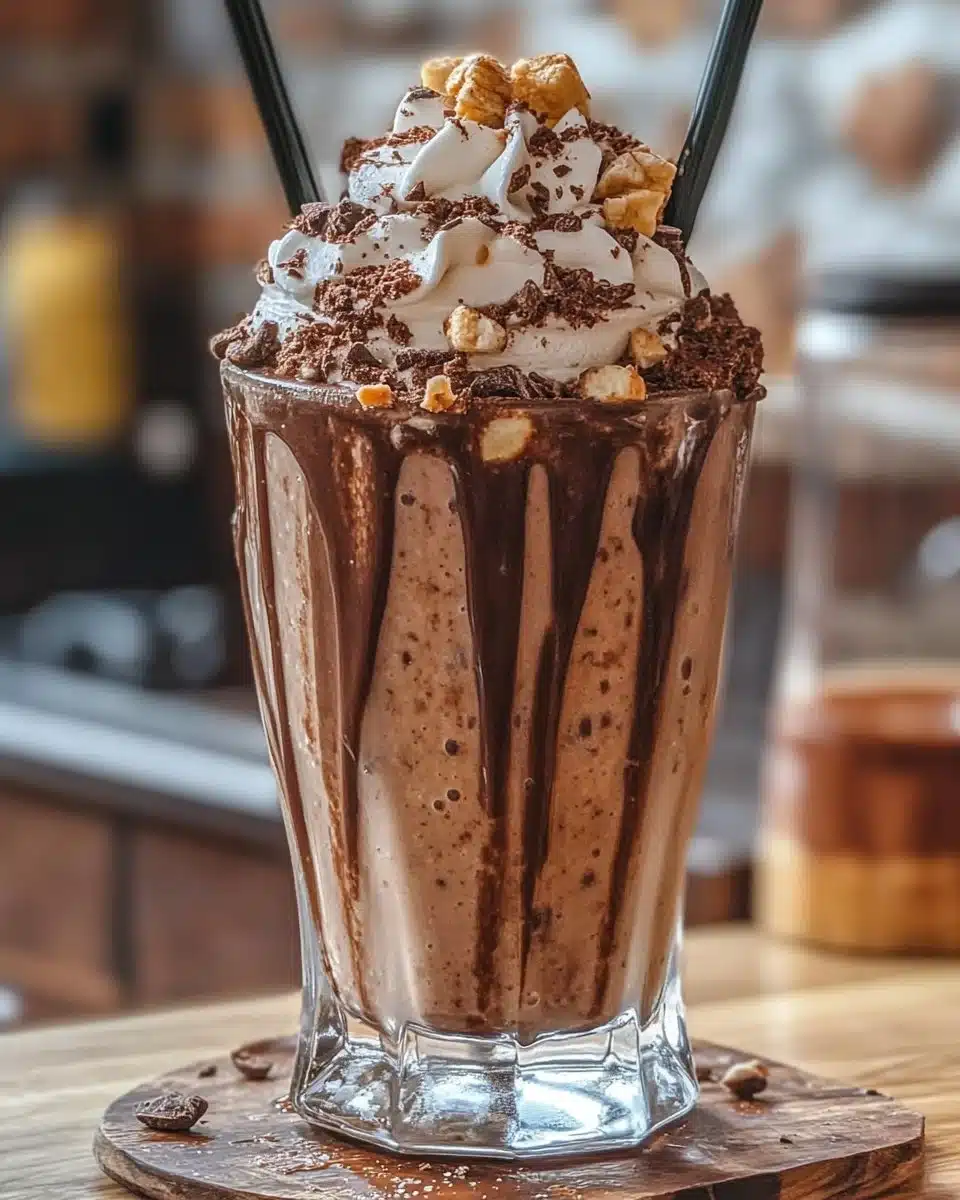 Delicious brownie milkshake topped with whipped cream and chocolate drizzle