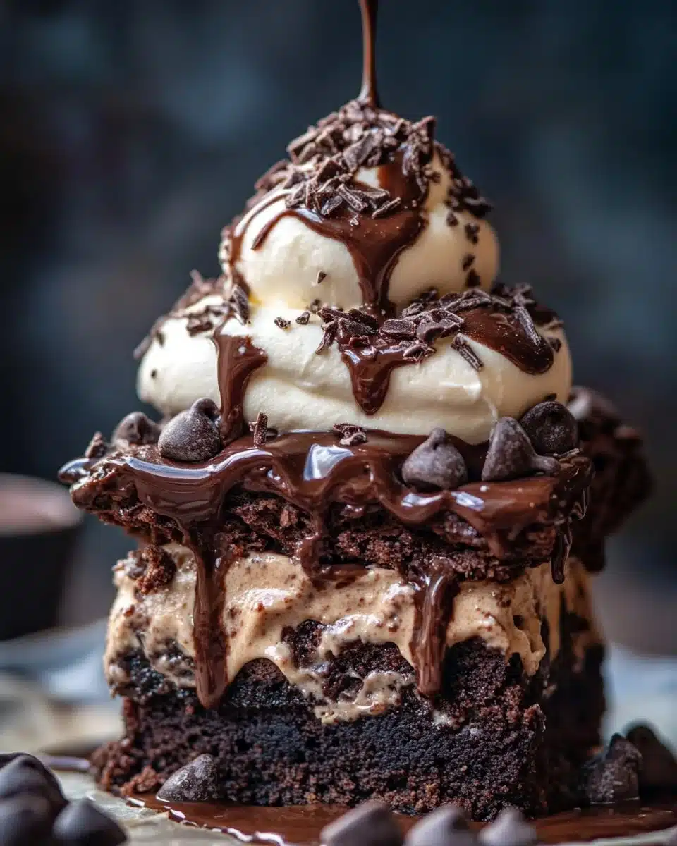 Delicious Brownie Sundae topped with ice cream and chocolate sauce