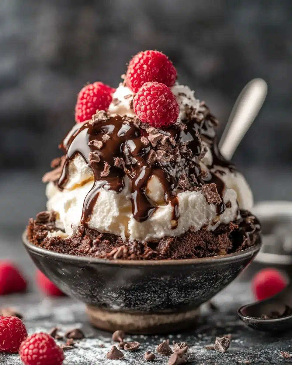 Delicious Brownie Sundae with ice cream and toppings