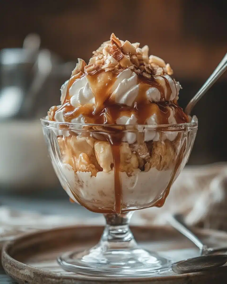 Delicious Caramel Sundae topped with whipped cream and nuts in a glass bowl