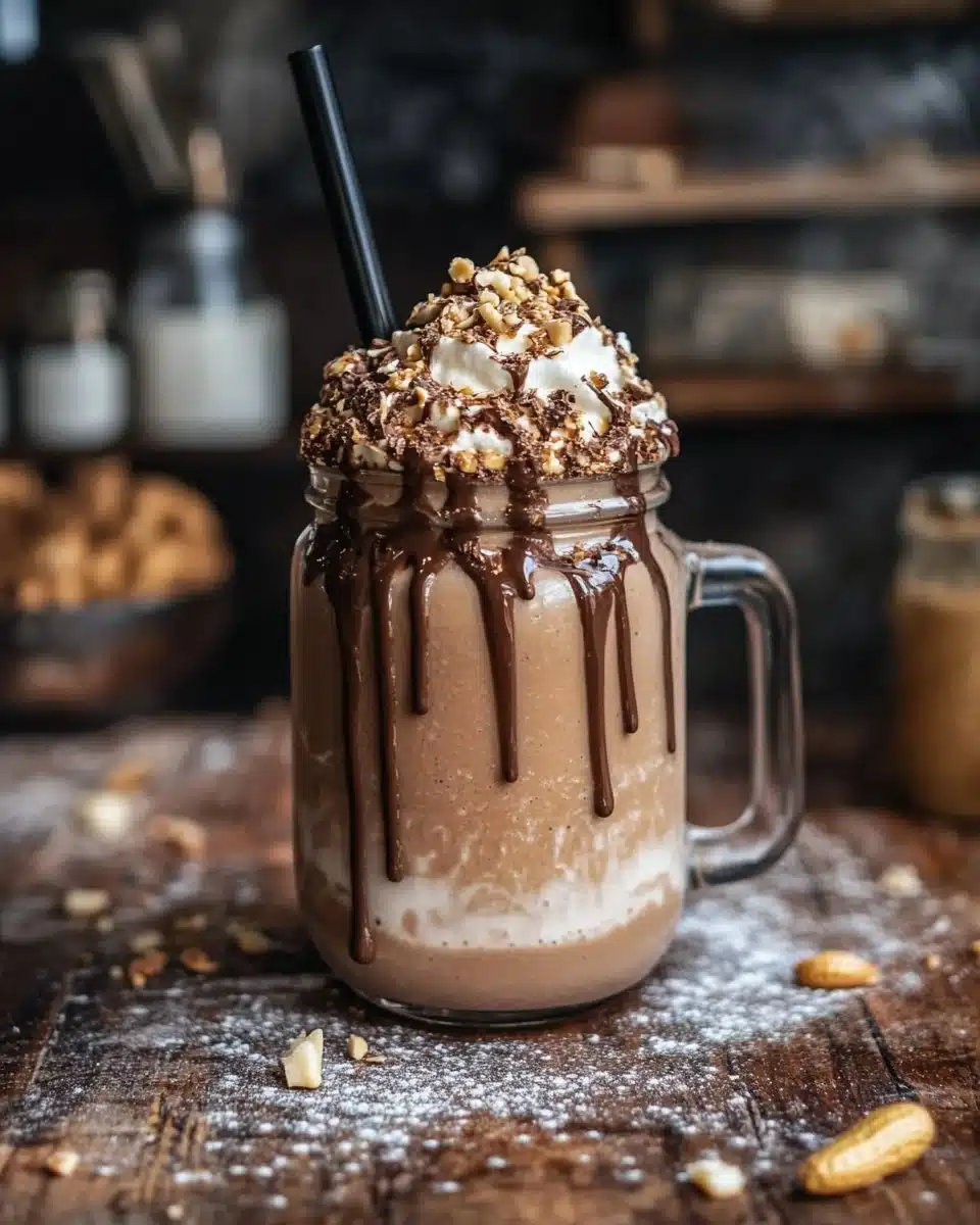 Delicious chocolate peanut butter milkshake with whipped cream on top.