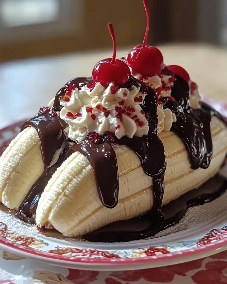 Delicious classic banana split dessert with ice cream and banana slices