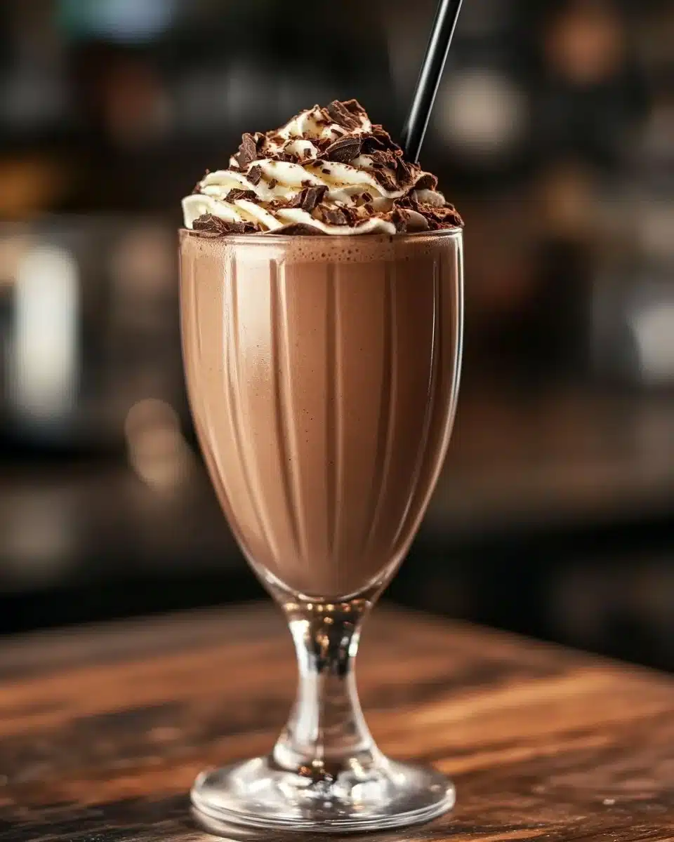 Delicious easy chocolate milkshake topped with whipped cream in a glass