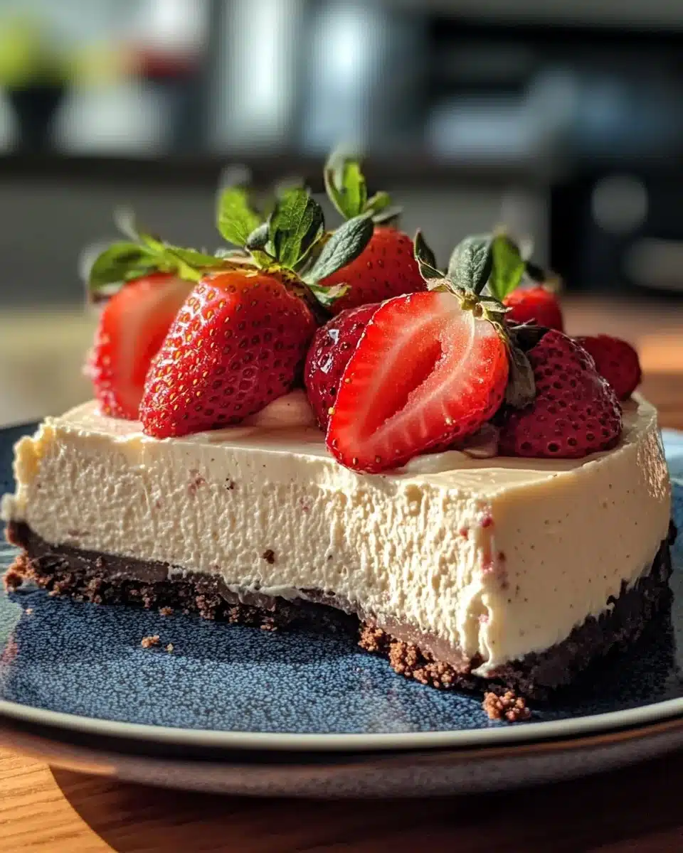 No bake strawberry cheesecake with fresh strawberries on top