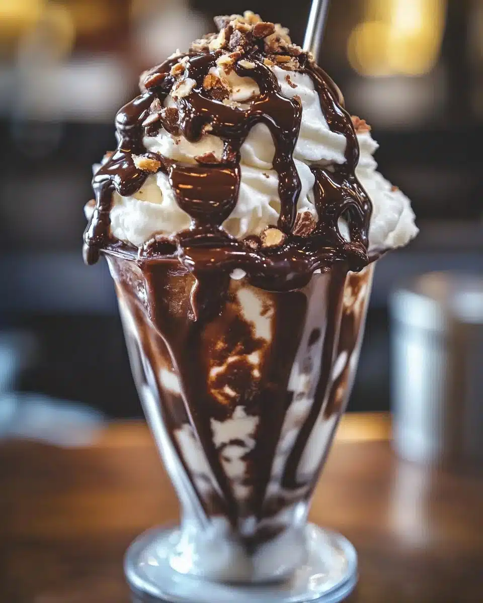 Delicious hot fudge sundae with ice cream and chocolate sauce