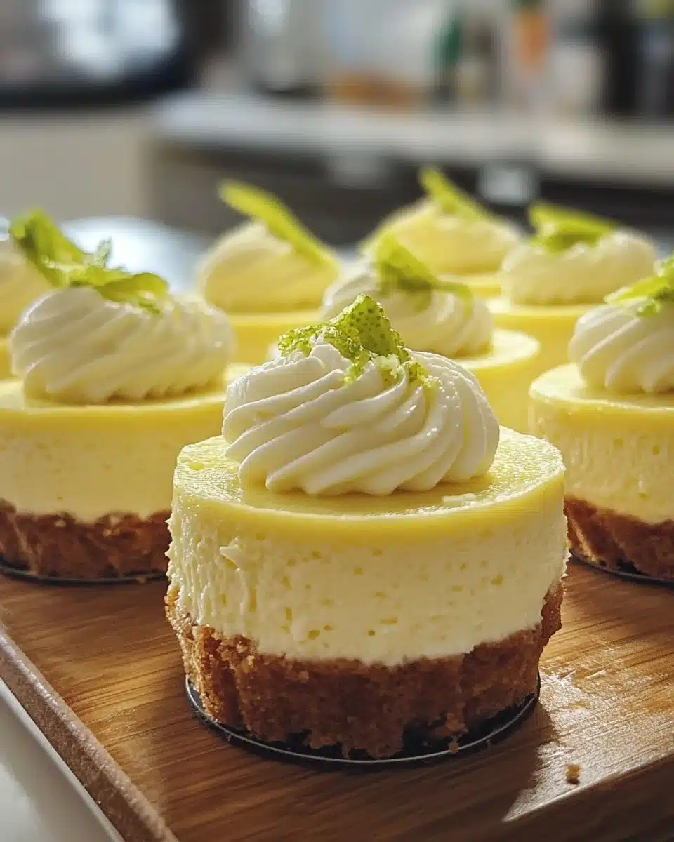 Mini key lime cheesecakes served on a white plate with lime slices