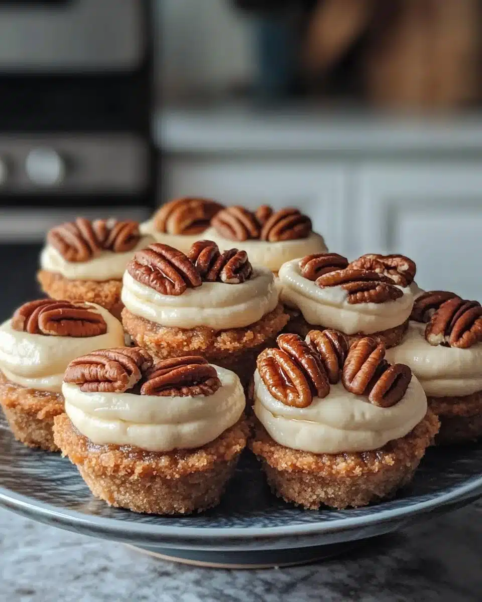 Mini pecan pie cheesecakes topped with pecans and caramel drizzle