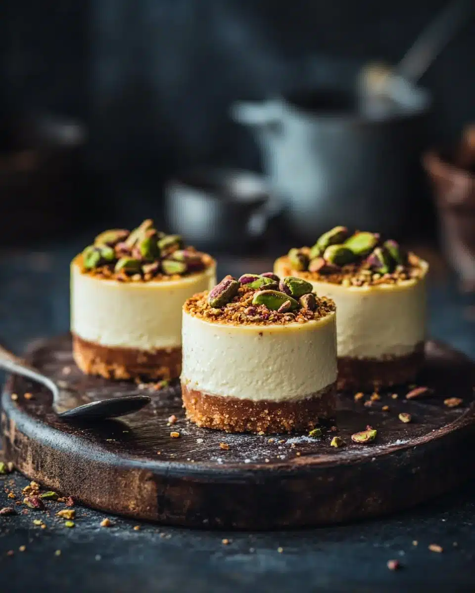 Mini pistachio and coffee cheesecakes topped with crushed nuts