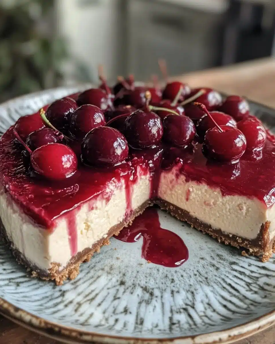 No Bake Cherry Cheesecake topped with vibrant cherries and a graham cracker crust