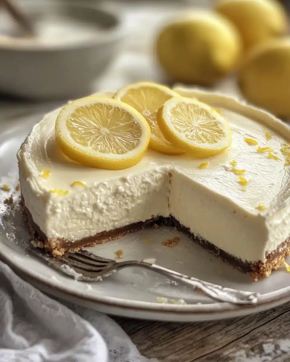 No bake lemon cheesecake topped with fresh lemon slices and mint leaves