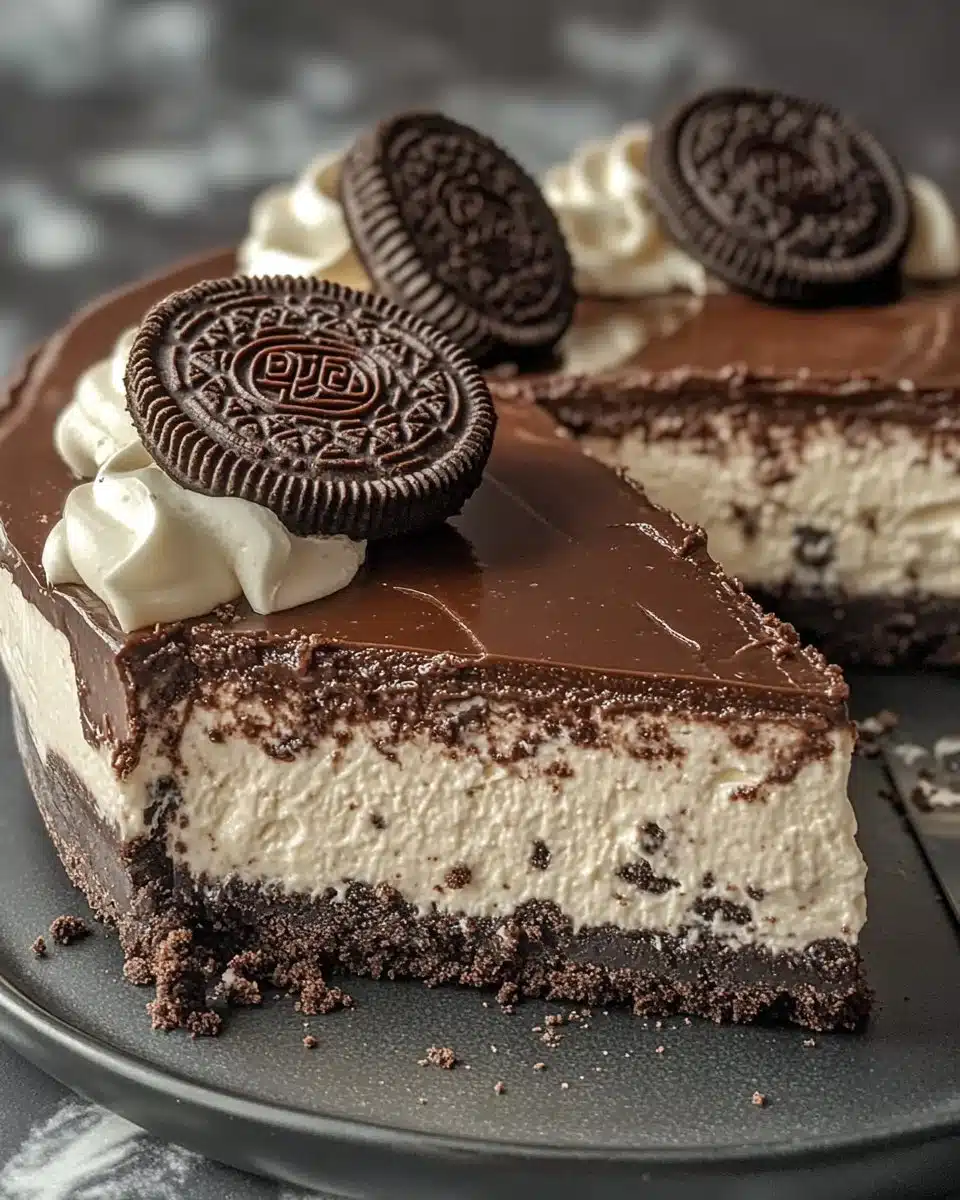 No-bake Oreo cheesecake topped with crushed Oreos and drizzled chocolate.