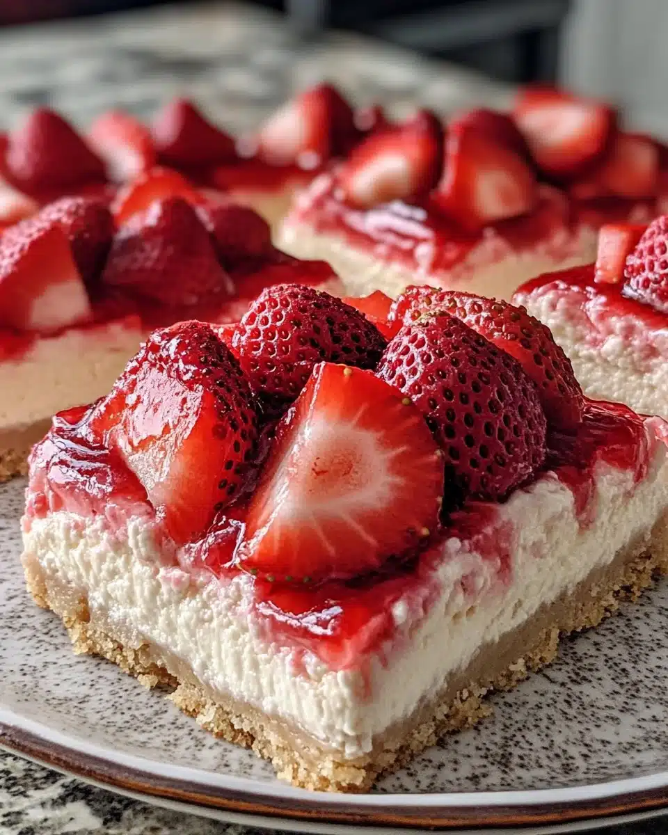 No-Bake Strawberry Cheesecake Bars with fresh strawberries and creamy filling