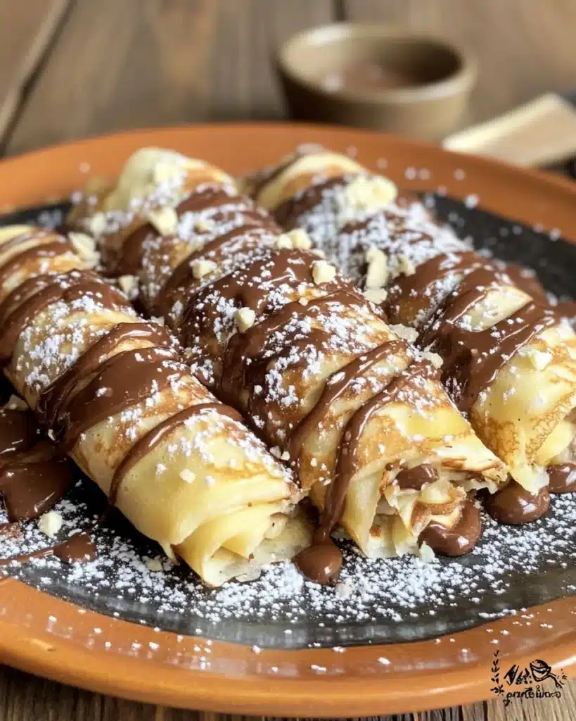 Delicious Nutella crepe rolls wrapped in thin crepes ready to be enjoyed.
