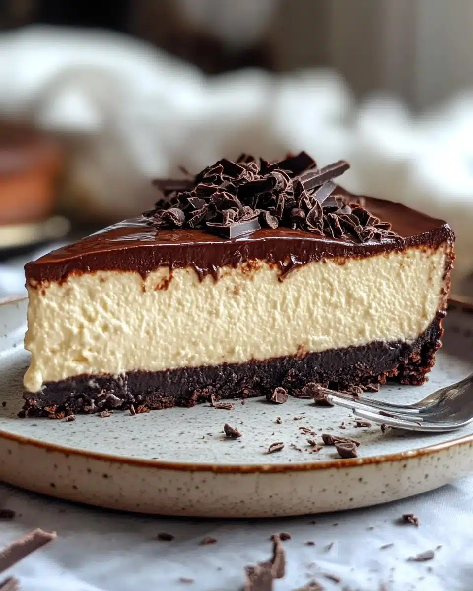 Silky chocolate cheesecake topped with chocolate drizzle and berries