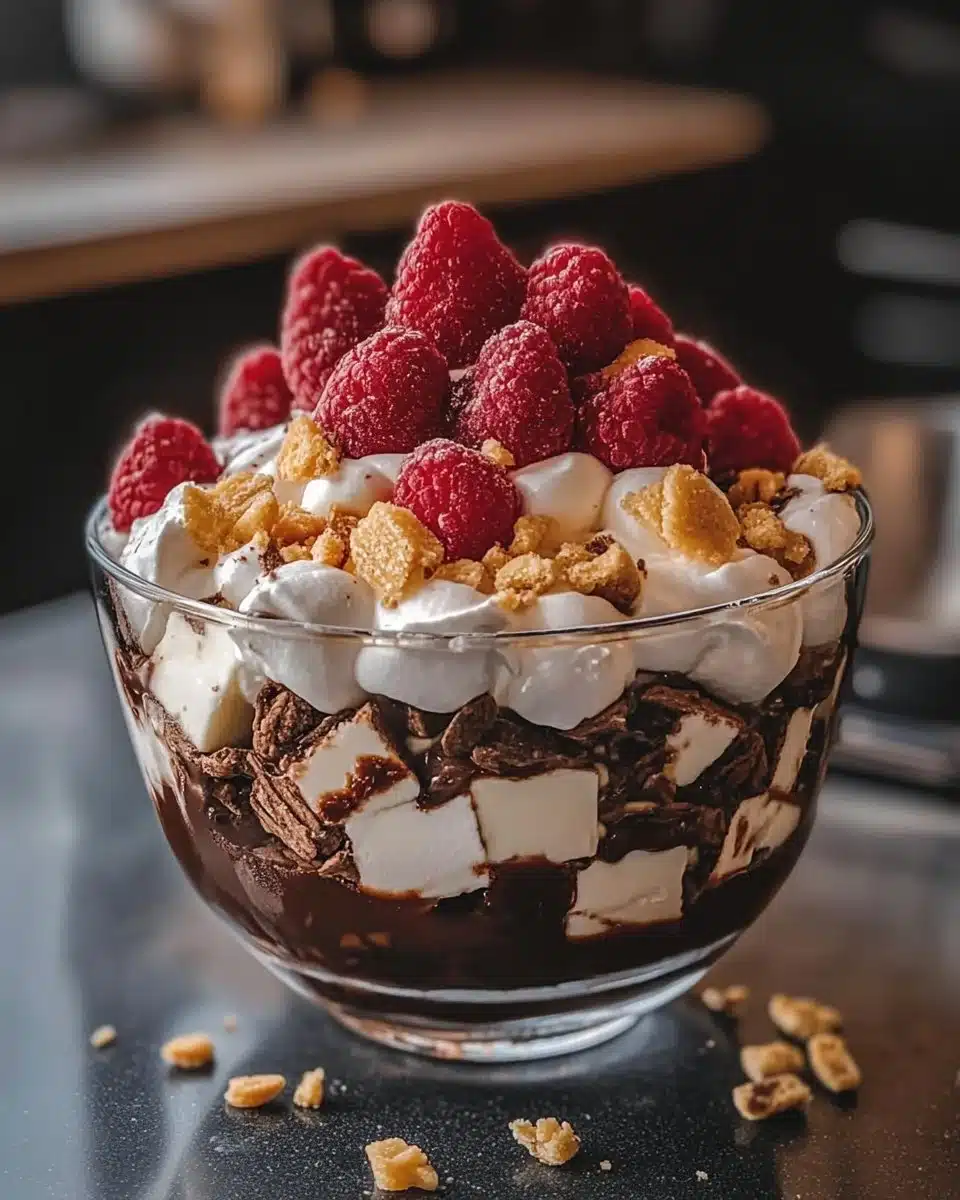 S'mores Dessert Trifle featuring layers of chocolate, marshmallows, and graham crackers.