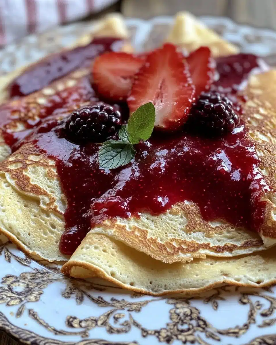 Strawberry cream cheese crepes topped with homemade berry sauce