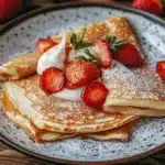 Delicious strawberry crepes filled with fresh strawberries and whipped cream