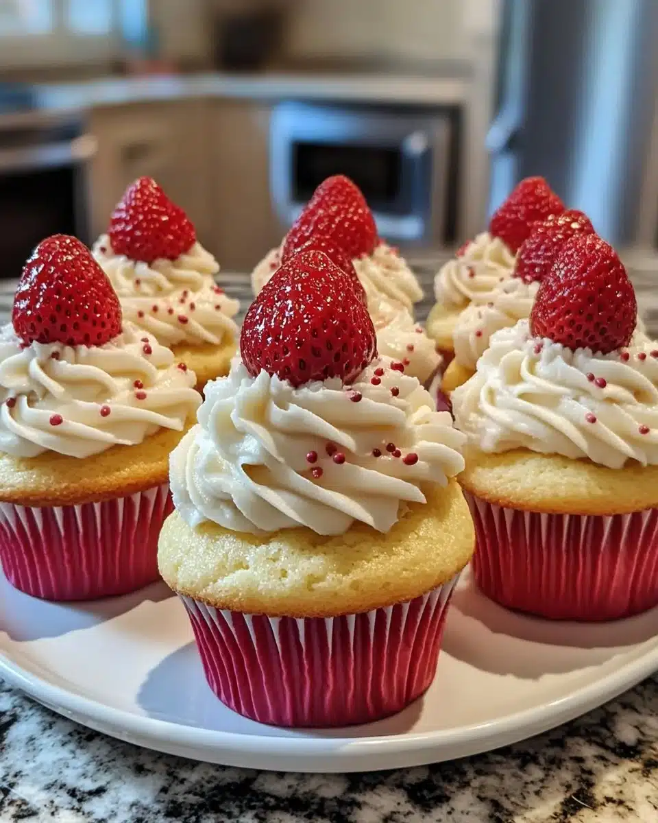 Delicious strawberry shortcake cupcakes topped with fresh strawberries and whipped cream.